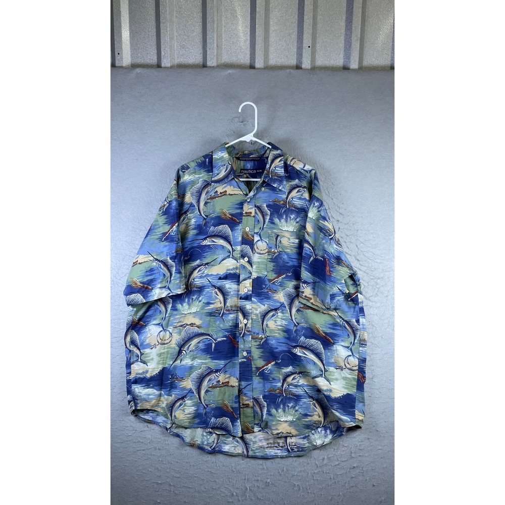 Nautica Button Down Shirt Mens XL Blue Marlin Fishing Print Cotton Blend 14481